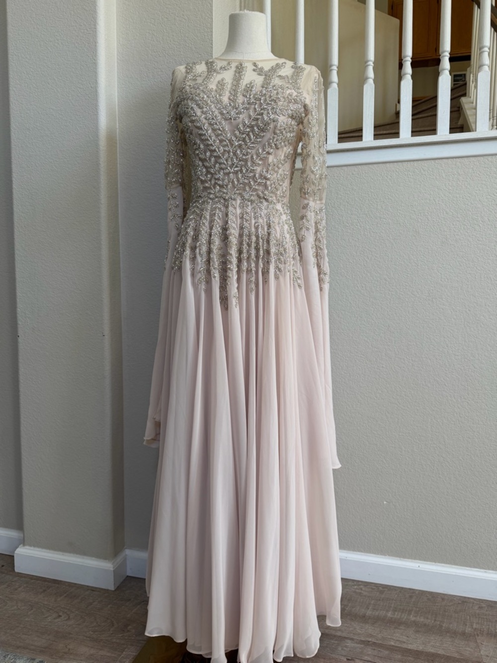 Embellished Long-Sleeve Chiffon Evening Dress in Blush